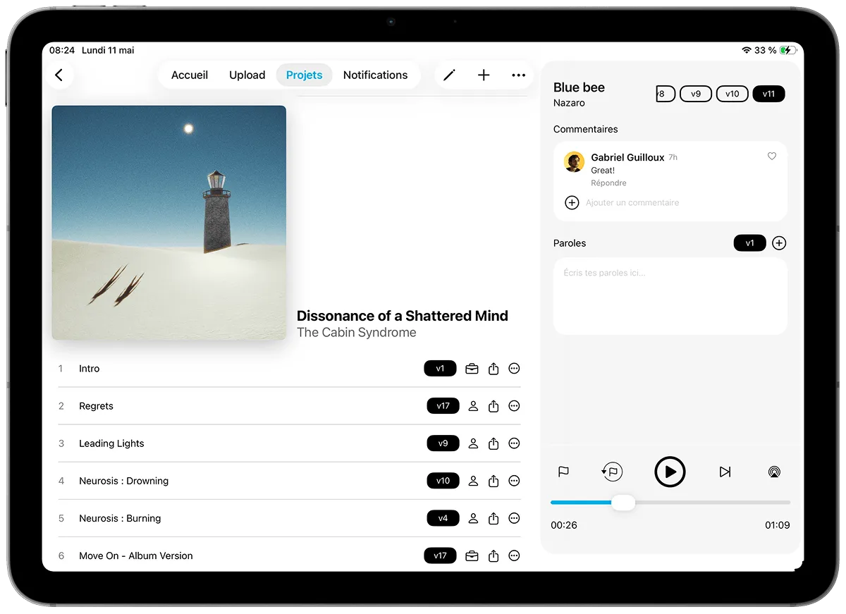 Accorda sur iPad, projet Dissonance of a Shattered Mind avec commentaires, paroles et lecteur