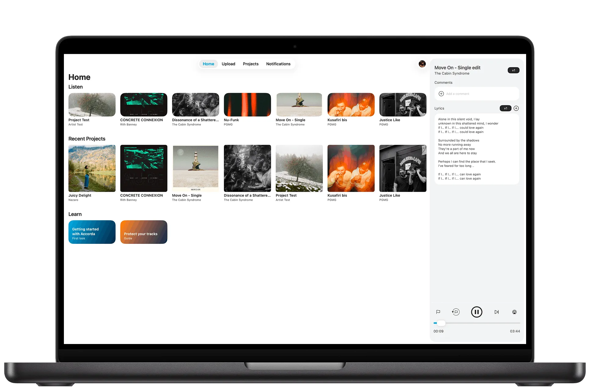 Accorda sur MacBook, vue Accueil avec grille de projets et panneau lecteur