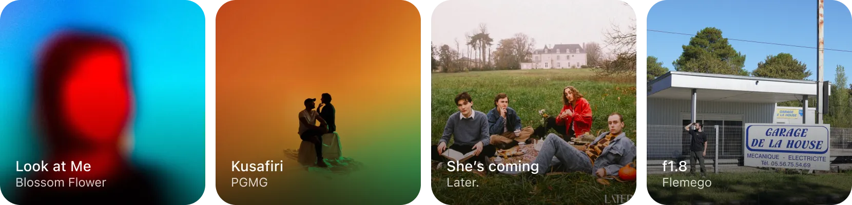 Une rangée de pochettes de projets Accorda : Look at Me, Kusafiri, She's coming, f1.8