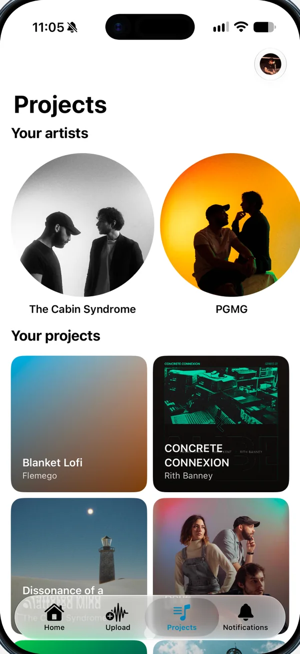 Écran Projets d'Accorda avec deux artistes et quatre pochettes de projets