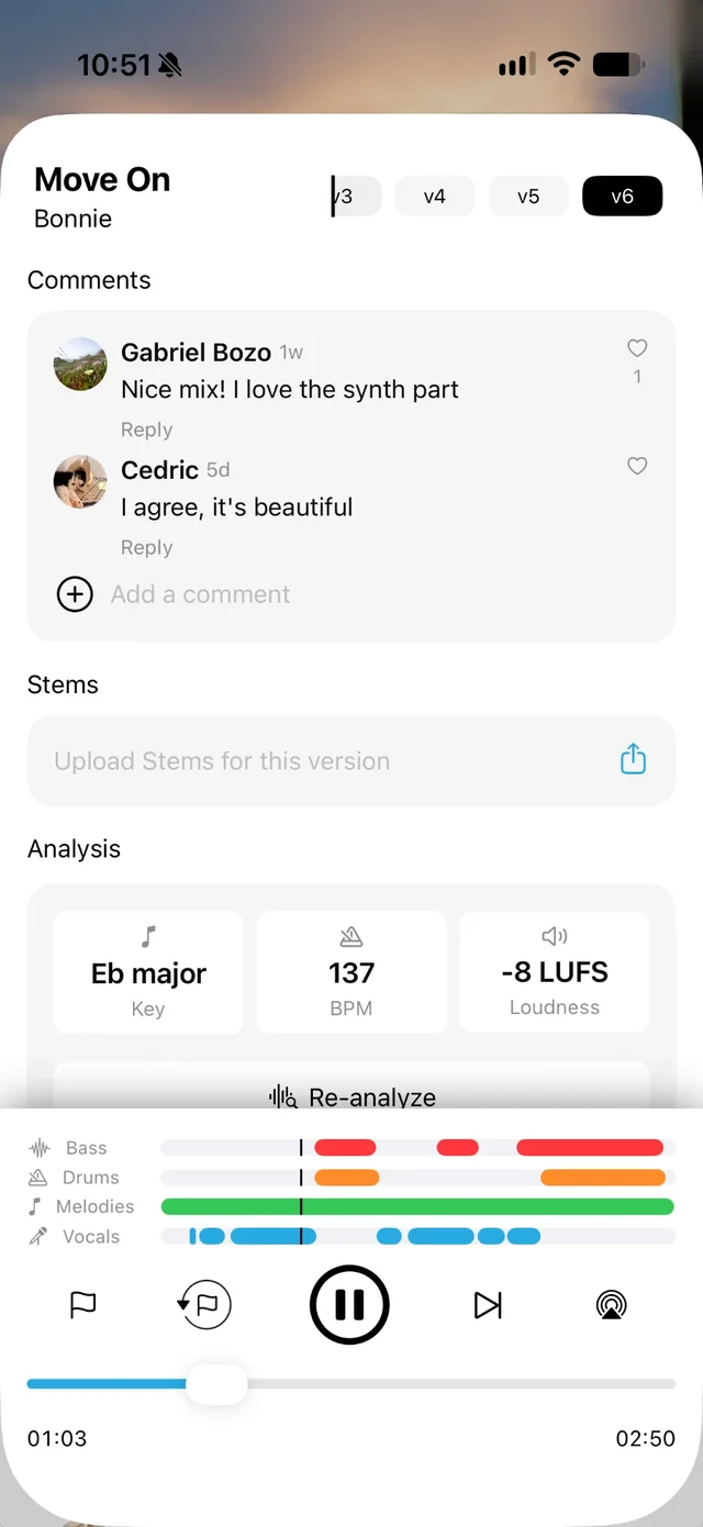 Écran du titre Move On de Bonnie dans Accorda : versions v3 à v6, commentaires, stems, et une analyse indiquant Mi bémol majeur, 137 BPM et -8 LUFS, avec les pistes basse, batterie, mélodies et voix