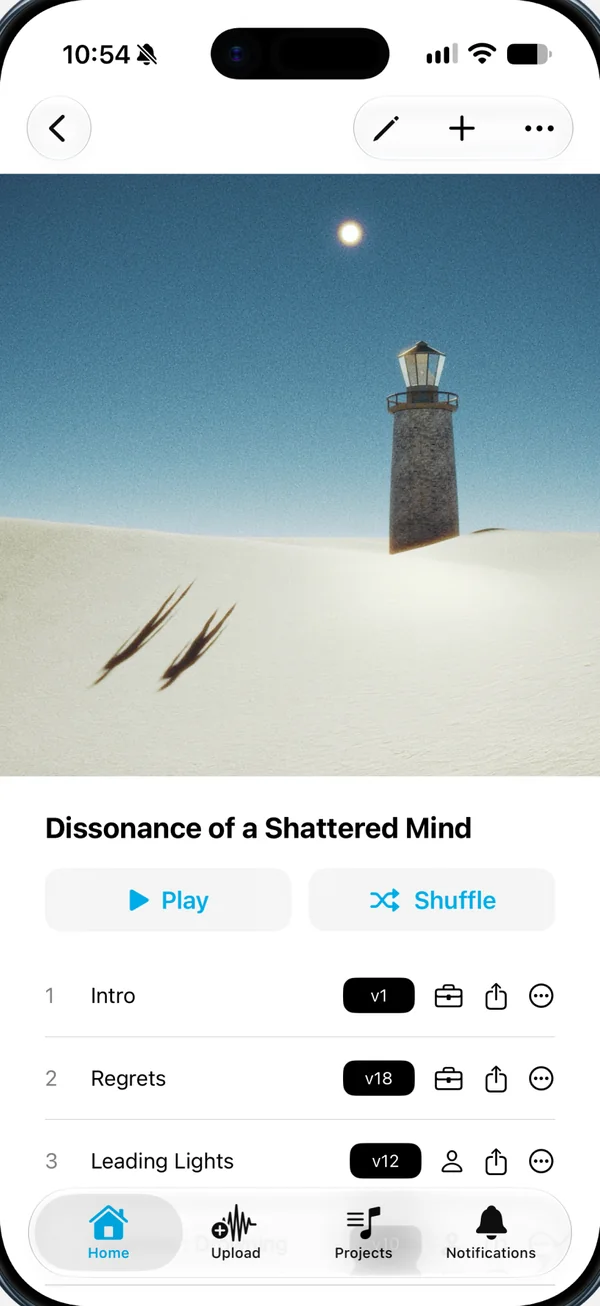 Page du projet Dissonance of a Shattered Mind, chaque titre avec sa version