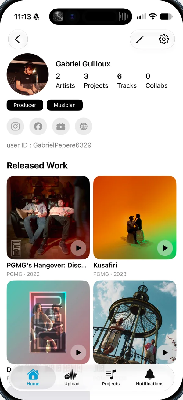 Profil de Gabriel Guilloux avec ses chiffres (artistes, projets, titres, collabs) et une grille Released Work