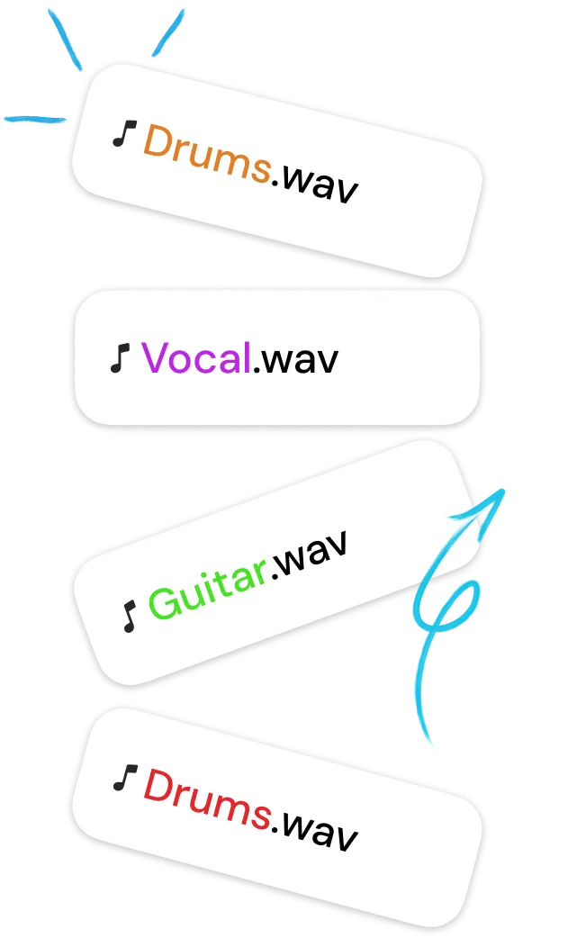 Stems : Drums.wav, Vocal.wav, Guitar.wav, Drums.wav, code-couleur par instrument