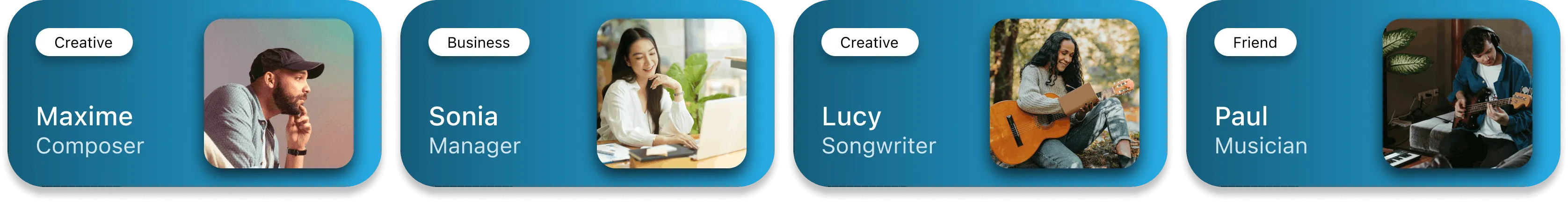 Quatre cartes de collaborateurs : Maxime compositeur, Sonia manager, Lucy auteure, Paul musicien